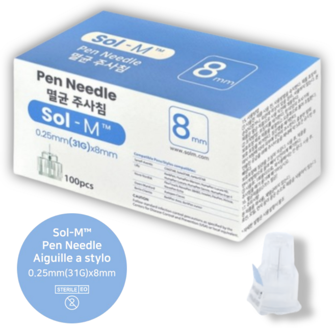 sol M 솔엠 일회용 멸균 인슐린 펜니들 31G 8mm 100p 병원 의료용 당뇨 태반 성장 정밀 주사, 1박스