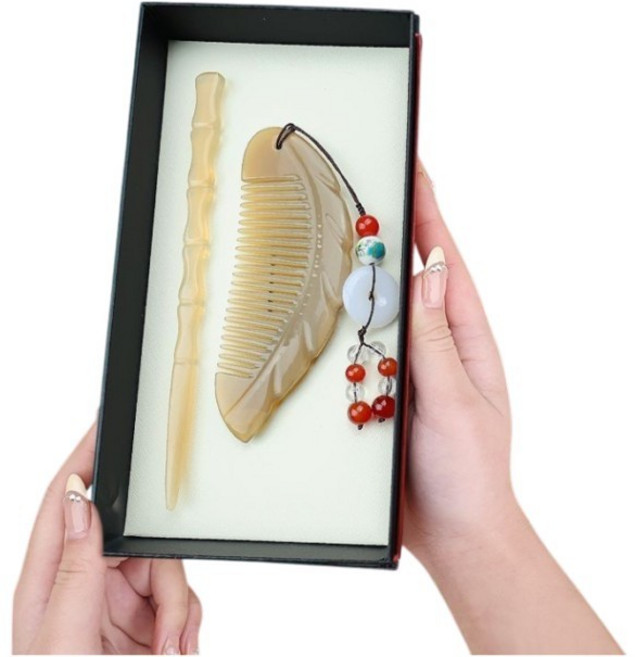 天然真牛角葉子梳髮簪禮盒