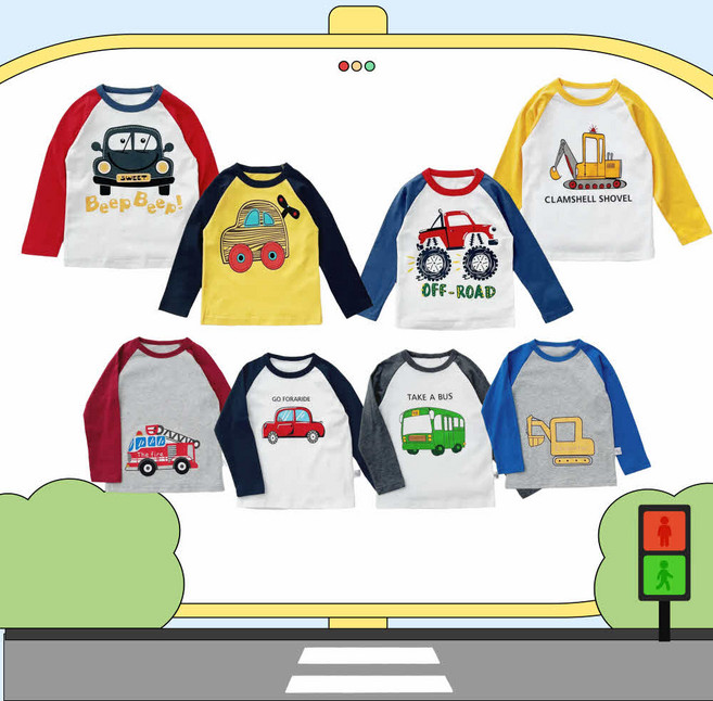 키즈 유아 남아 여아 등원룩 자동차 버스 소방차 중장비 포크레인 긴팔 티셔츠