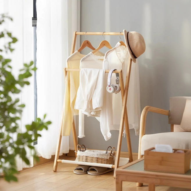 휴대용 접이식 원목 미니 스탠드 행거 2단, 오크50cm