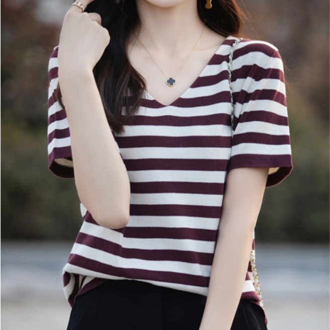 여성용 썸머 브이넥 반팔 니트 티