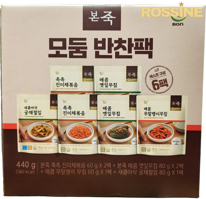 본죽 모둠 반찬팩 진미채 깻잎 궁채절임 무말랭이, 1세트, 440g