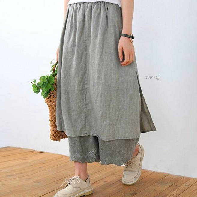 40 50대 중년여성 밴딩 루즈핏 린넨 면 레이스 랩 치마 바지 마담옷
