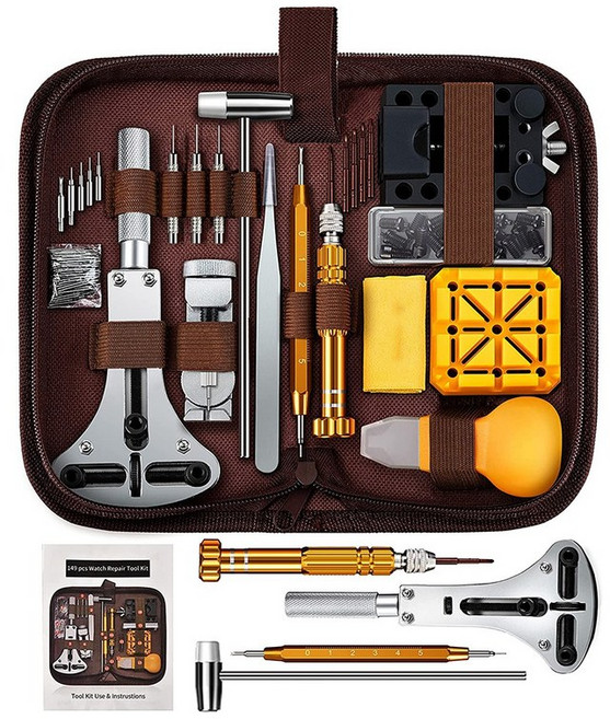 시계 수리 키트 149 PCS 시계 배터리 교체 도구 시계 밴드 수리 도구 시계 스프링 바 도구 세트, 갈색, 갈색, 1개