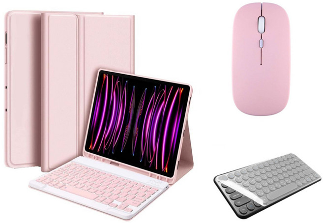 아이패드 호환 에어 프로 미니 1/2/3/4/5/6/7/8/9/10 세대 M2 M4 펜슬 수납 블루투스 키보드 케이스 무선 마우스 세트 iPad Pro Air Mini 케이스나라, 핑크