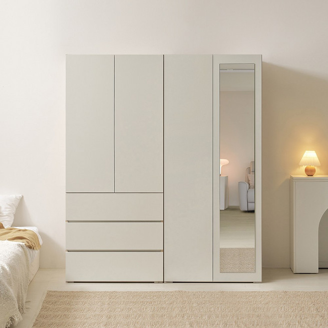 [케이컴퍼니본사] LPM 이음 푸시1600옷장세트CM(3서랍옷장+거울옷장 이불장), 3서랍옷장+거울옷장, 화이트