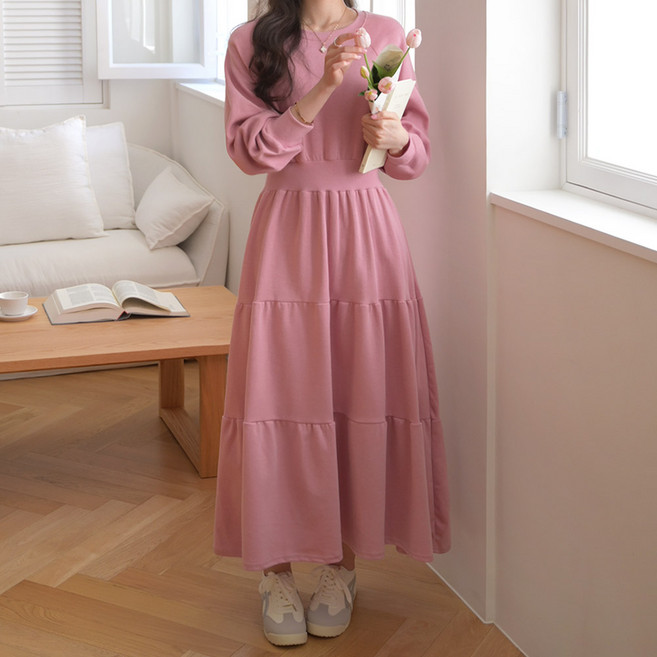 데일리앤 데이린 캉캉 맨투맨 꾸안꾸 캐주얼 봄 가을 허리밴딩 긴팔 롱원피스 맘룩 홈웨어