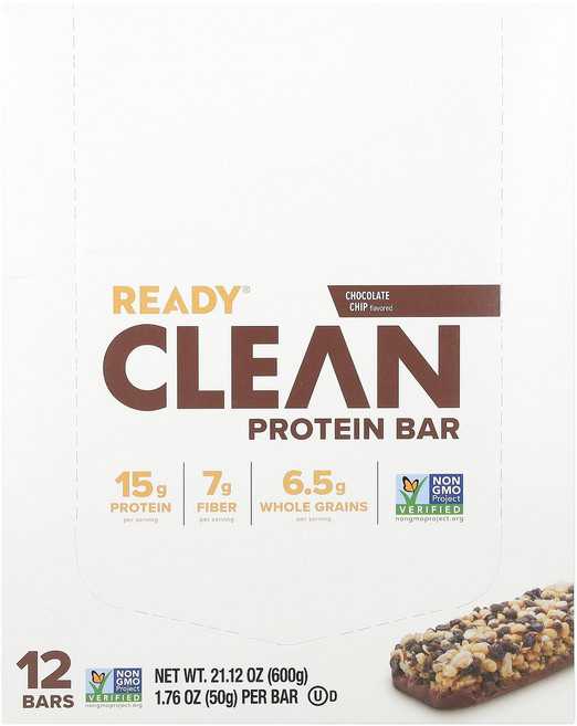 Ready 클린 프로틴바 초콜릿 칩 바 12개 개당 50g(1.76oz) Ready (레디), Ready, 클린 프로틴바, 초콜릿 칩, 바 12개,, 50g