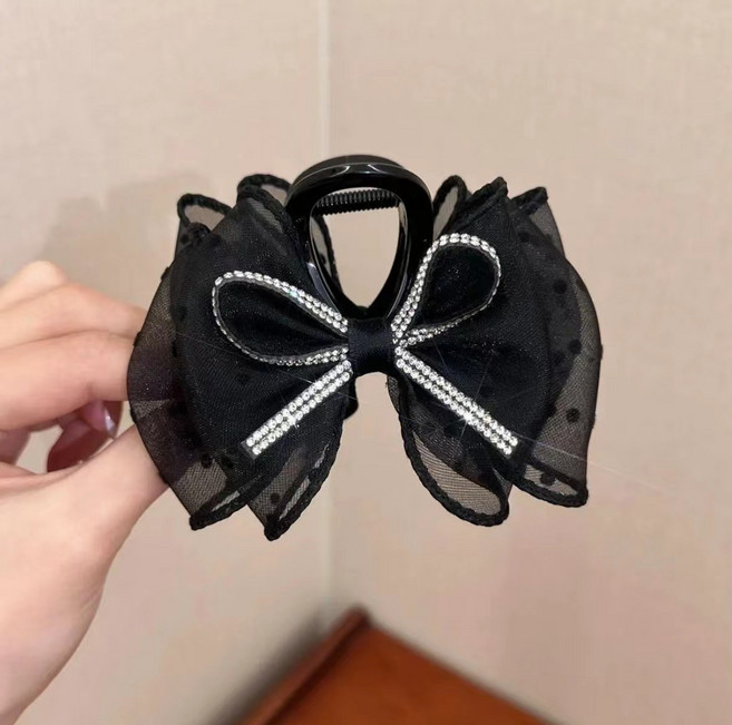 氣質大蝴蝶結髮夾馬尾夾蝴蝶結髮卡甜美抓夾緞面鯊魚夾髮飾新款黑色蝴蝶結抓夾默認顏色