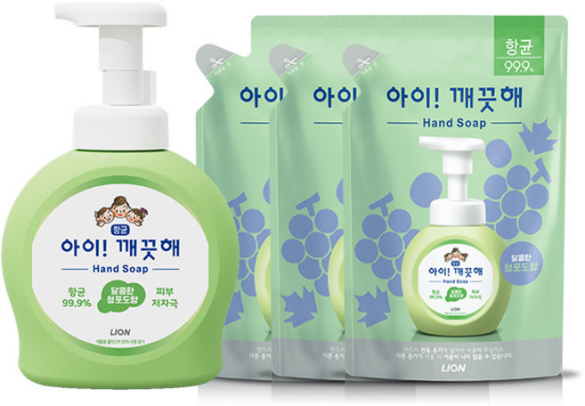 [라이온코리아] 아이깨끗해 용기 490ml 1개+리필 450ml 3개, 상세 설명 참조, 제품선택:3.청포도 490ml 1개+450ml 3개, 1개
