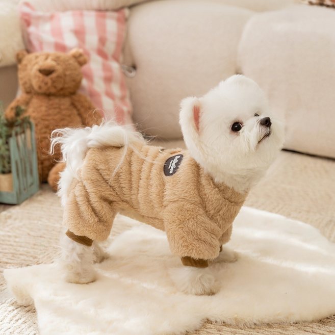 강아지 코랄 플리스 올인원 소형견 보온 털감 부드러움, 1개, 베이지