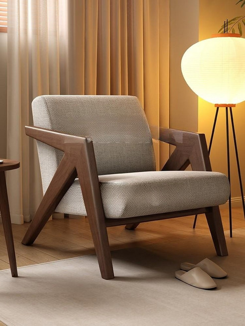 모던 라운지 암체어 호텔 로비 낮은 카페 의자 1인용 호두나무 통기성 코튼 린넨, 브라운 월넛 프레임, 1개