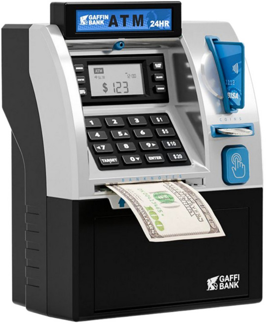 ATM 저금통 LCD 화면 미니 금고 - 자동 지폐 투입 동전 인식 입출금 기록 비밀번호 PIN 입력 알람 시계 칭찬 금고 대형 저금통, 1개, 블랙