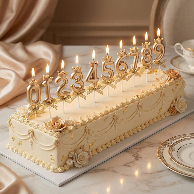 샴페인 골드 티아라 왕관 리본 숫자초 올넘버 풀세트 0~9 금색 캔들 케이크 케익 촛불, 1개, 6g, 실물이 더 예쁜 샴페인 골드