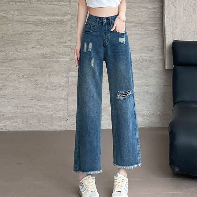 와이드핏 하이웨스트 찢어진 디스트로이진 여성 청바지 여름 얇은 빅사이즈 일자 8부 바지