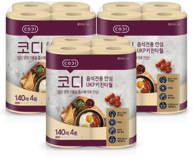 코디 음식전용 안심 천연펄프 키친타월 140매, 4롤, 3개
