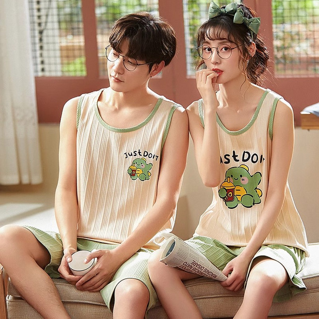 ANYOU 여름 커플 잠옷 조끼 반바지 순면 잠옷 달콤한 캐릭터 세트 실내복 아우터 모두 가능하다