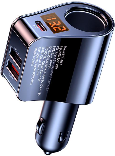 PD30W 超快速USB車充 電壓偵測 液晶顯示點煙器車充座 單孔點菸器擴充 行車記錄器 BSMI:R45757, 1個, 3口