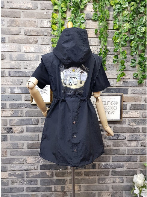 아노락 프린트 바람막이 후드 롱 야상 조끼