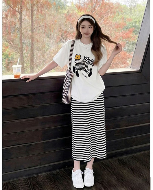 임부복 데일리 세트 여름 캐주얼 트렌드 프린트 임산부 반팔 상의 + 스커트 투피스 wmy