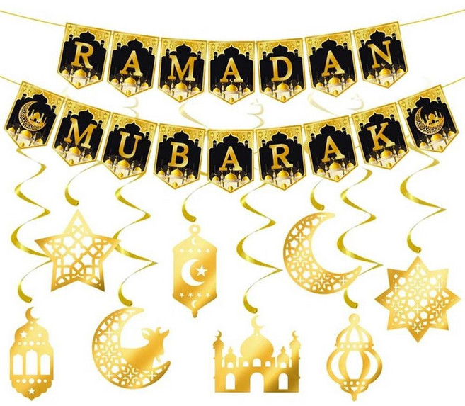 라마단 장식 종이 배너 화환 무바라크 문 스타 모스크 걸이형 소용돌이 이슬람 무슬림 파티 홈, 1개, 3. Set2