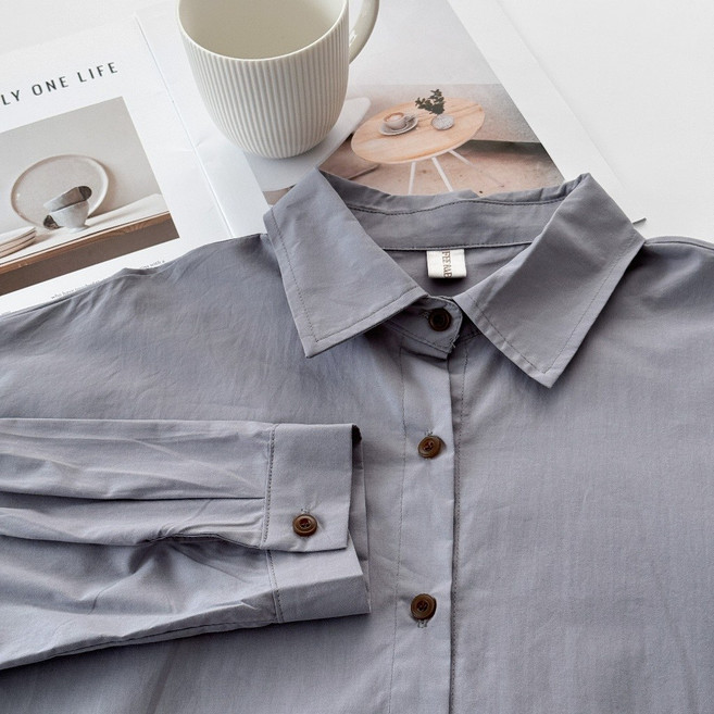 Fee Baby 寬鬆長版襯衫 翻領咖色排釦長袖襯衫外套