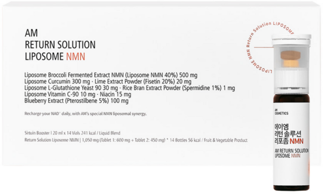 [공식몰 정품] 에이엠 리턴 솔루션 리포좀 NMN 영양제 프테로스틸벤 리포좀 글루타치온 커큐민 피세틴 스페르미딘 나이아신 올인원 NAD+ 텔로미어 복구 시르투인 시너지 배합, 14개, 20ml