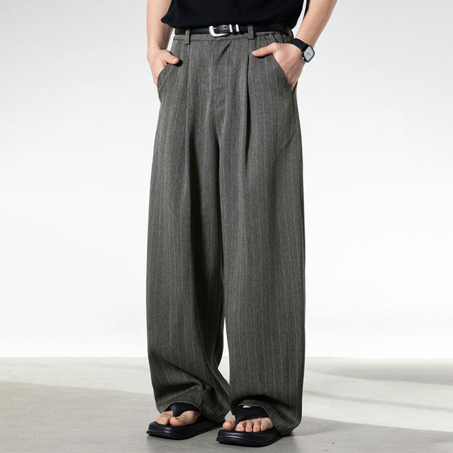 가르크시 세로 줄무늬 와이드 벌룬 슬랙스 핀턱 오버핏 정장 바지 댄디룩 남친룩 팬츠