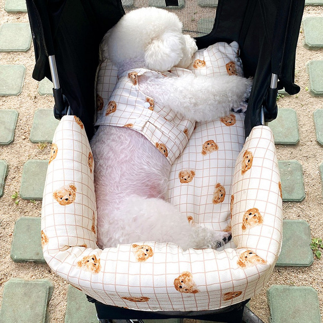 호나미네 핸드메이드 강아지 고양이 여름 인견 테디베어 유모차시트 범퍼가드 방석 세트, 1개, 바닐라