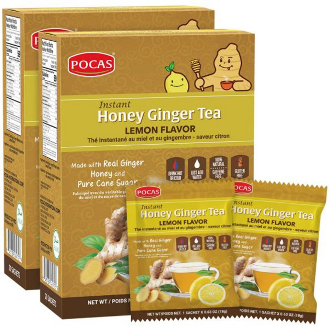 허벌티 비염 체중 포카 허니 진저 티 레몬 & 크리스탈이 함유된 인스턴트 파우더 패킷 비 GMO/글루텐 프리/카페인 프리 20개입(2팩), 18g