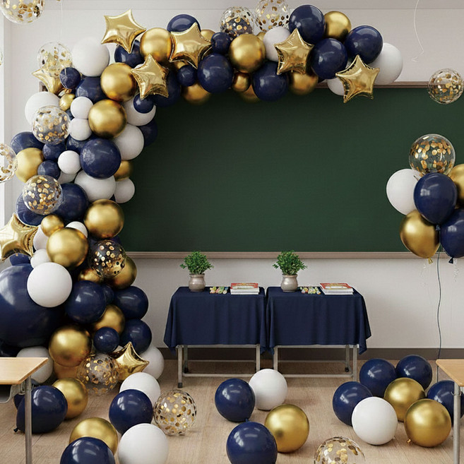 공간뉴데이 이벤트풍선 기념일용 졸업식 입학식 파티풍선세트 손펌프포함, 1세트, 네이비골드