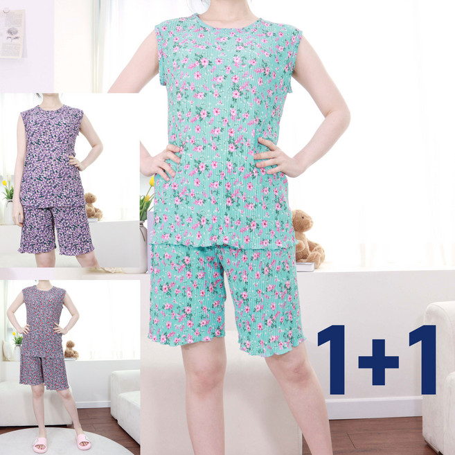 1+1 냉장고 아이스 민소매 플라워 플리츠 주름 빅사이즈 여름 나시 잠옷세트 A14