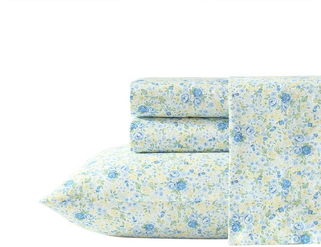 Laura Ashley Home 새틴 컬렉션 시트 세트 100% 면 주름 방지 원단 퀸 미도우 플로럴 블루