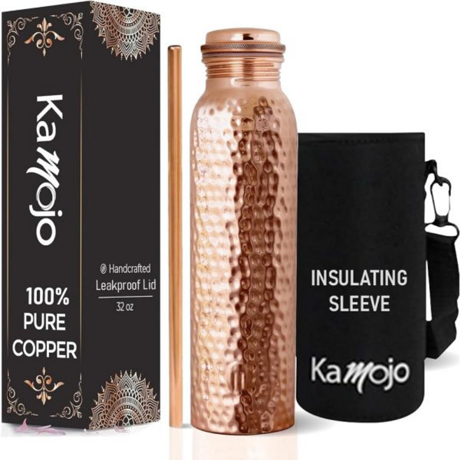 Kamojo 카모조 구리 물병 음용용 망치질 순수 분리 가능한 단열 슬리브 및 빨대 누수 방지 뚜껑 수제 아유르베다 컵 물용 32액량온스
