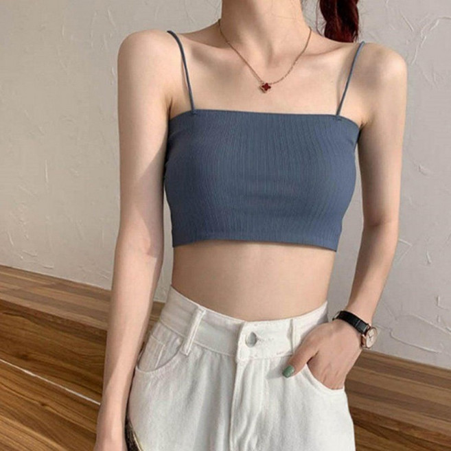 여성 기본 캡 내장 예쁜 라인 스퀘어 끈 나시 크롭 배꼽티 스포츠 튜브탑 크롭탑 이너