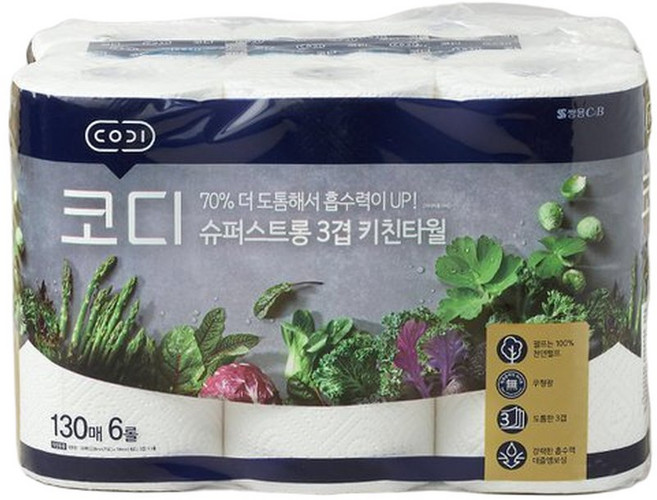 코디 울트라 슈퍼 스트롱 키친타올 130매x6롤, 6개, 130매