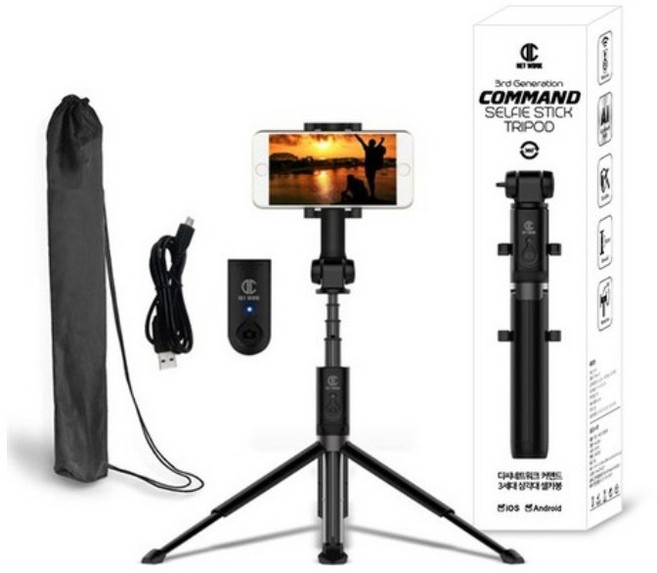 노엘룸 휴대용 블루투스 스마트폰 셀카봉 삼각대 충전식 리모컨 포함 알류미늄바디, 1개, 블랙, 커멘드3세대