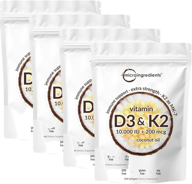 마이크로인그레디언트 비타민D3 10000IU 플러스 K2 (MK-7) 200mcg 소프트젤 Micro Ingredients Vitamin D3 K2 (MK-7), 4개, 300정