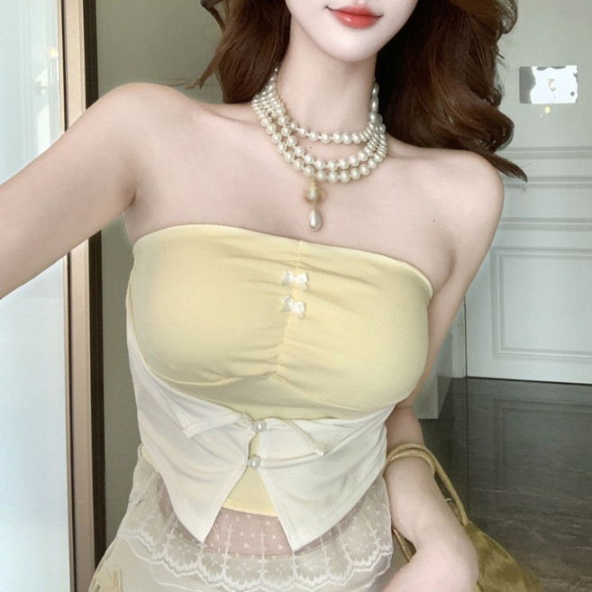 Akimu 여성 튜브탑 크롭티 레이스 슬림핏 캡나시 민소매