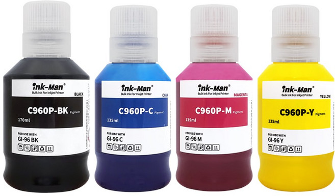 잉크맨 캐논 GI-96 호환 무한 잉크 GX5090 GX5091 GX5092 GX6090 GX6091 GX6092 GX7090 GX7091 GX7092 리필 충전용 안료 잉크, C960P-BK,C960P-C,C960P-M,C960P-Y, 1세트