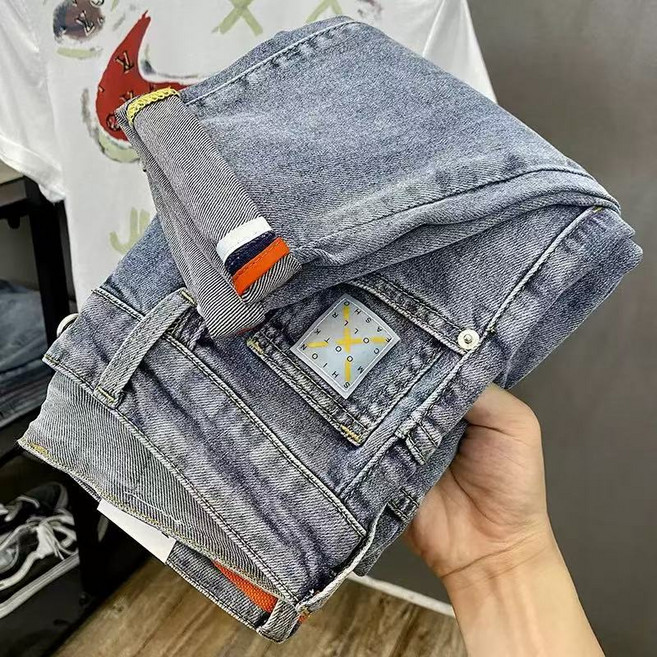 십전십미 남자 스판 자수 슬림 찢어진 청바지