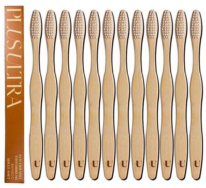 생분해성 친환경 대나무 칫솔 12팩 - BPA 프리 부드러운 칫솔모 치과 의사 승인 및 손잡이에 로고가 새겨진 천연 Plus Ultra, 생분해성 대나무 칫솔 12팩 - BPA 프리 부드러운, 로고 - 쿠팡