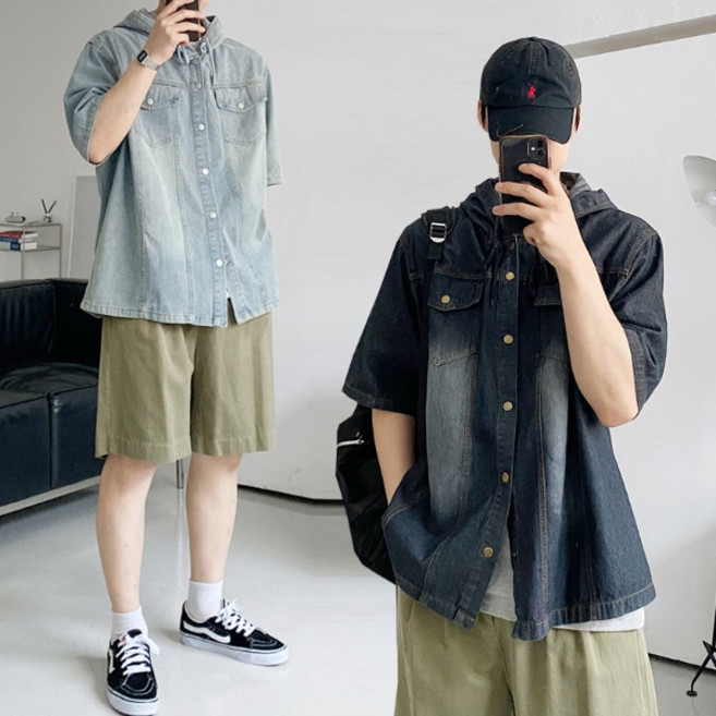 캣츠 샌드워싱 데님 후드 반팔 셔츠 자켓