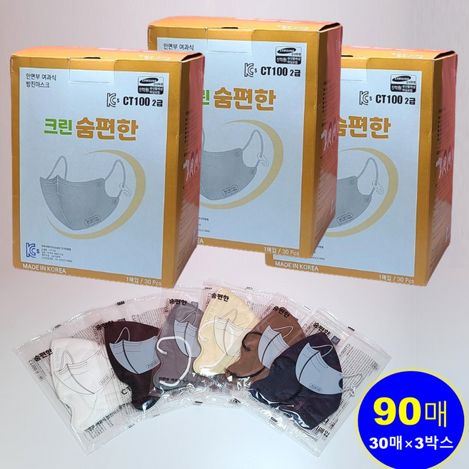 [30매 3박스] 크린텍 방진마스크 2급 CT100 한국산업안전보건공단 안전인증, 네이비, 90개