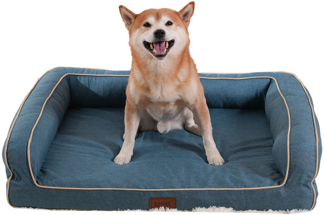 EMME 강아지 베드 청소가 쉬운 방수 펫 베드 소파 세탁 가능한 통기성 좋고 눅눅하지 않은 베개 포함 쿠션감이 뛰어난 고반발 노령견 강아지 고양이 다둥이 사육용 분리 가능한 커버, 1개, Waterproof Type-Blue