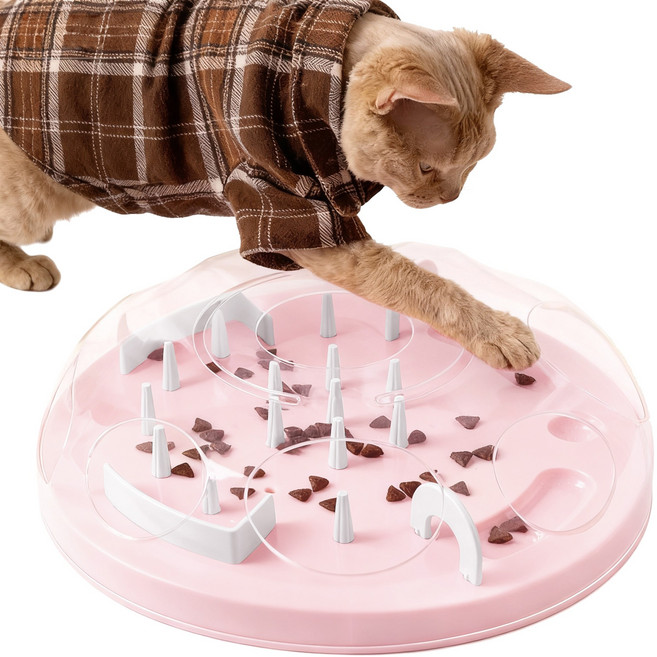 한정세일 PET MOMENT 고양이 먹이퍼즐 난이도조절 미로 간식 정난감 퍼즐노즈워크 IQ 분리불안 비만방지, 딸기우유 핑크, 1개