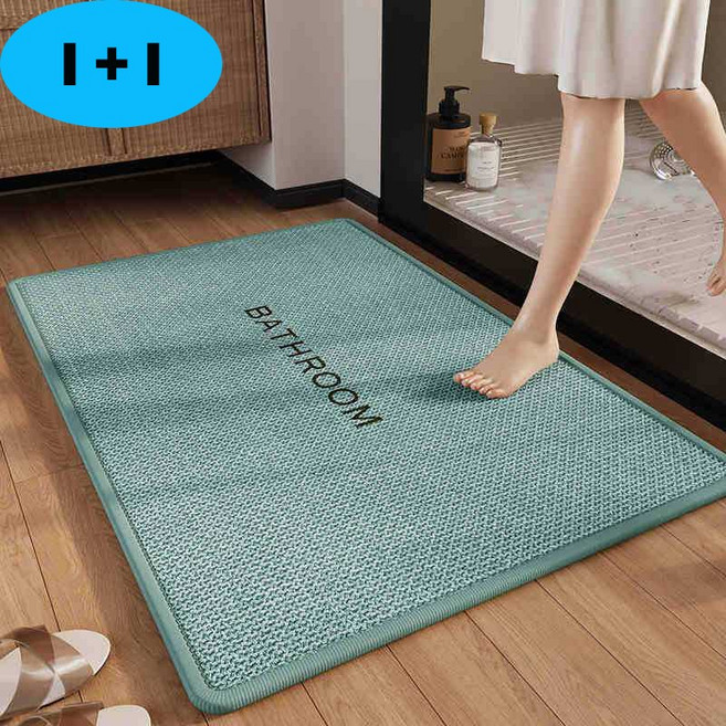 1+1화장실 욕실매트린넨 규조 진흙 욕실 미끄럼 방지 흡수 매트, 스퀘어-그린-작은라운드, 2개