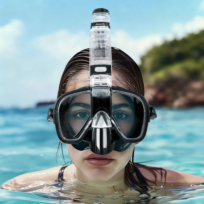 하늘박스 일체형 스노쿨링 마스크 신형 듀얼 글라스 스노쿨링 세트, 블랙