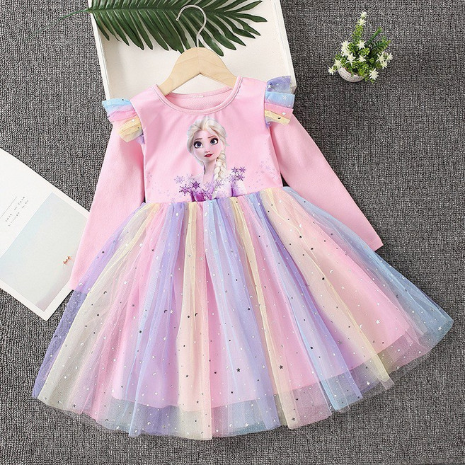 [당일발송] 웨스턴 NEW 겨울왕국원피스 엘사 무지개 드레스 긴팔원피스 공주드레스 (사은품:왕관 요술봉