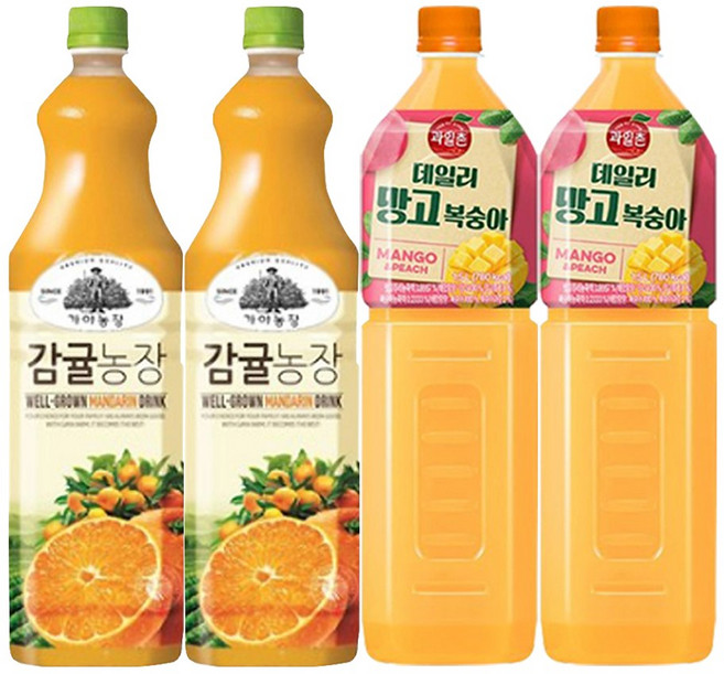 웅진 가야농장 감귤주스 + 해태htb 과일촌 데일리 망고복숭아 주스 (1.5 PET 혼합 각각 2개씩), 4개, 1.5L